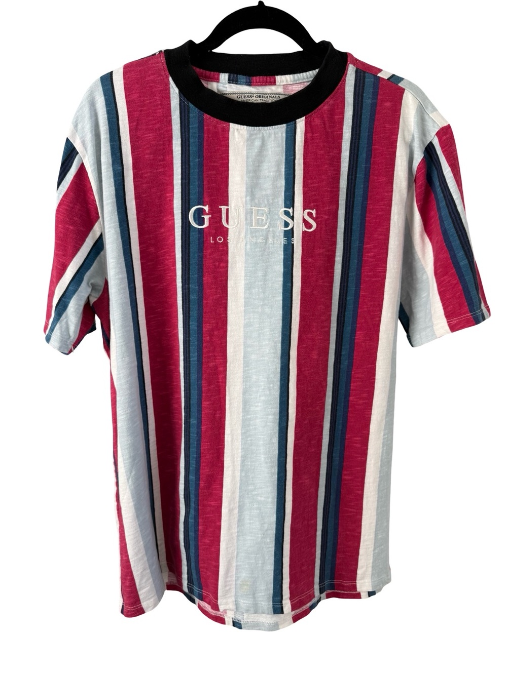 GUESS Originals Striped Logo Tee Medium Red Blue White Cotton Graphic T Shirt